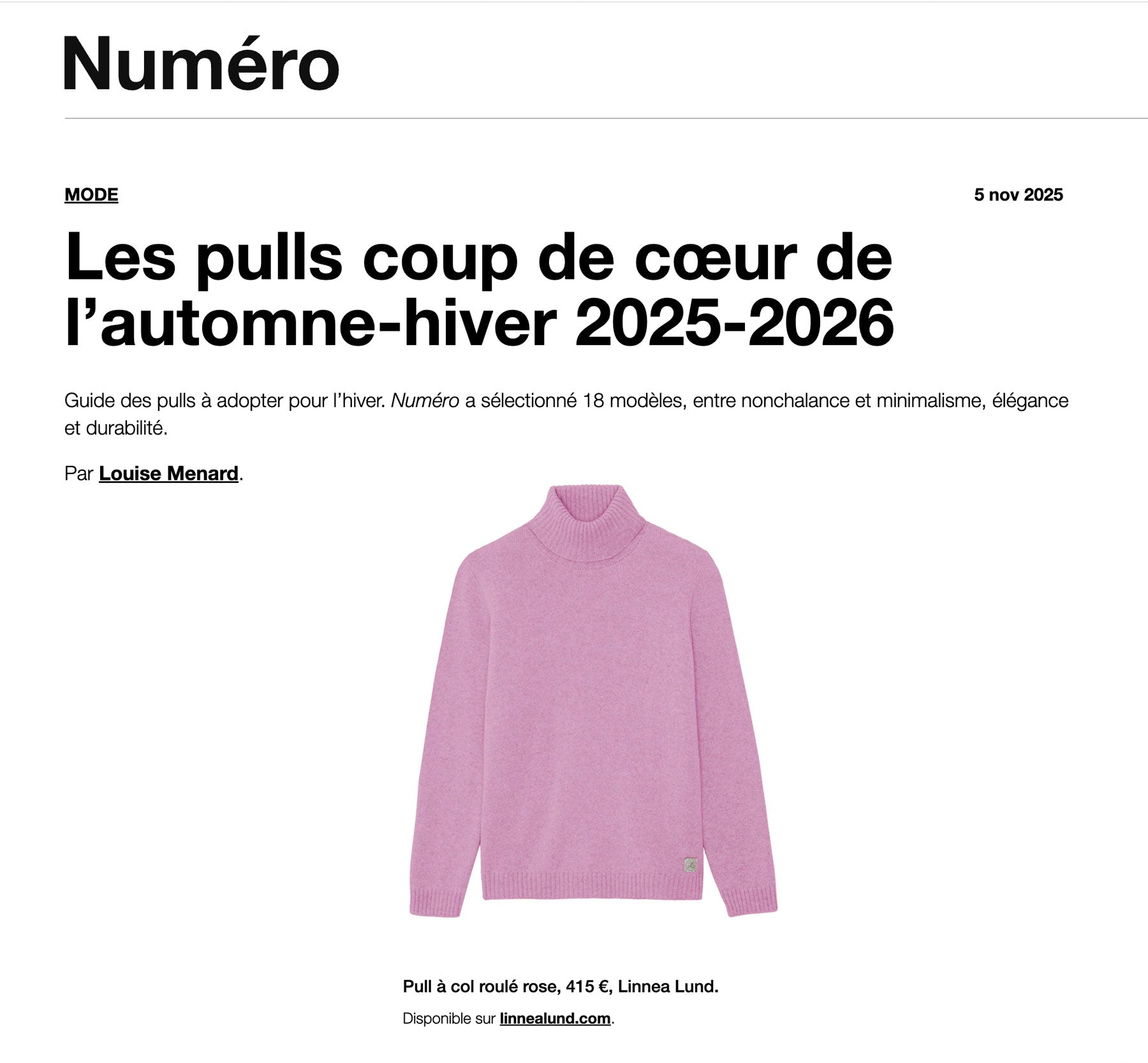 Le pull en cachemire François Linnea Lund dans le magazine Numéro