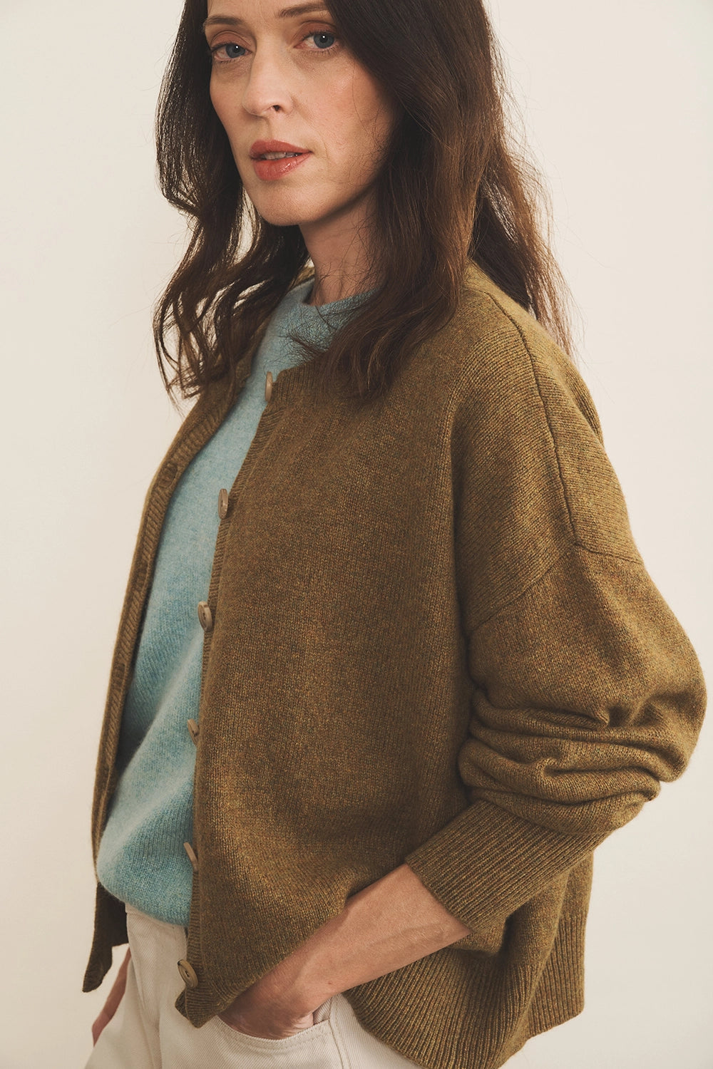 Cashmere cardigan women ocher green - focus view | Gabriella | Linnea Lund