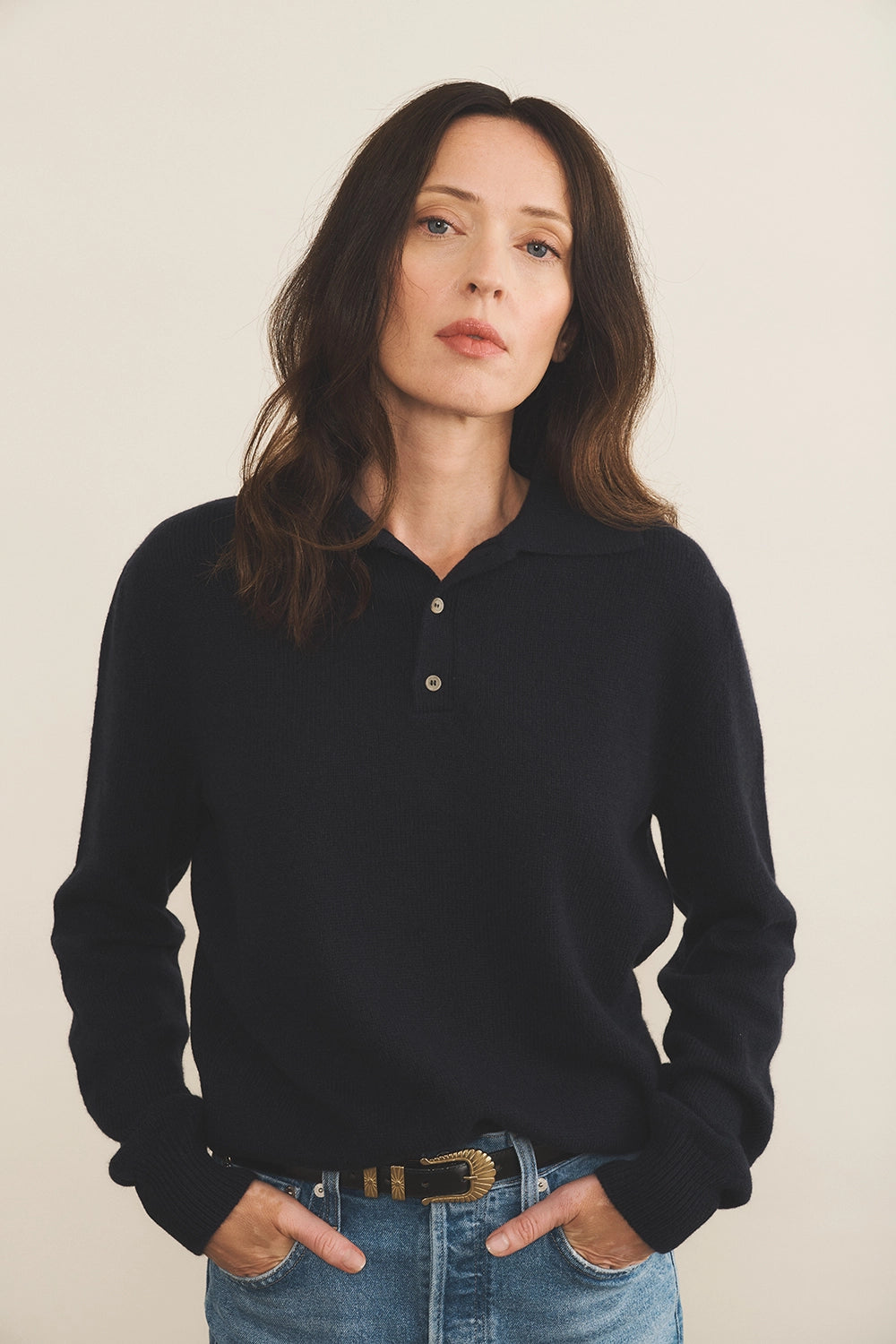 Navy blue cashmere polo sweater women - front view | Ralph | Linnea Lund