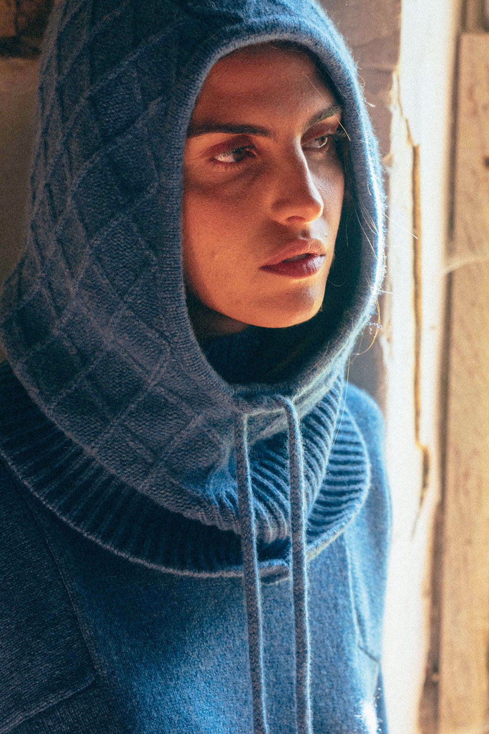 Blue cashmere balaclava with diamond pattern - front view | Marine | Linnea Lund