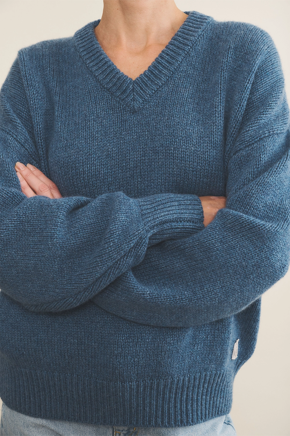 blue denim color cashmere sweater women - focus view | Emilie | Linnea Lund