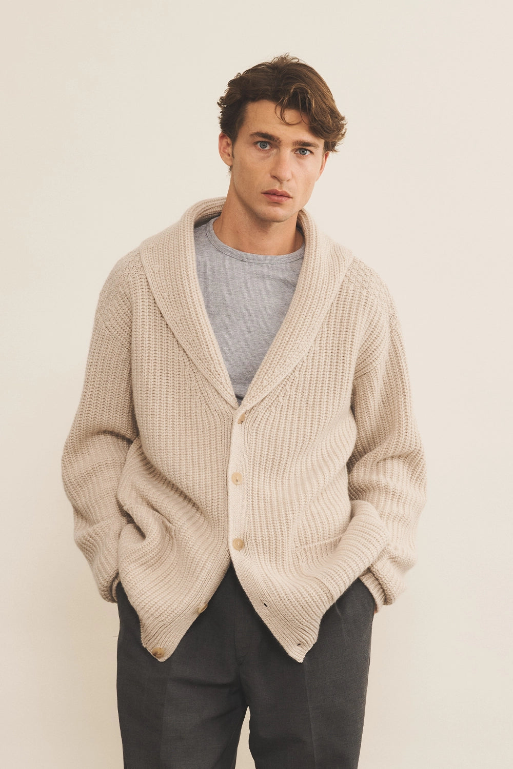beige cashmere cardigan men - front view | Philippe | Linnea Lund