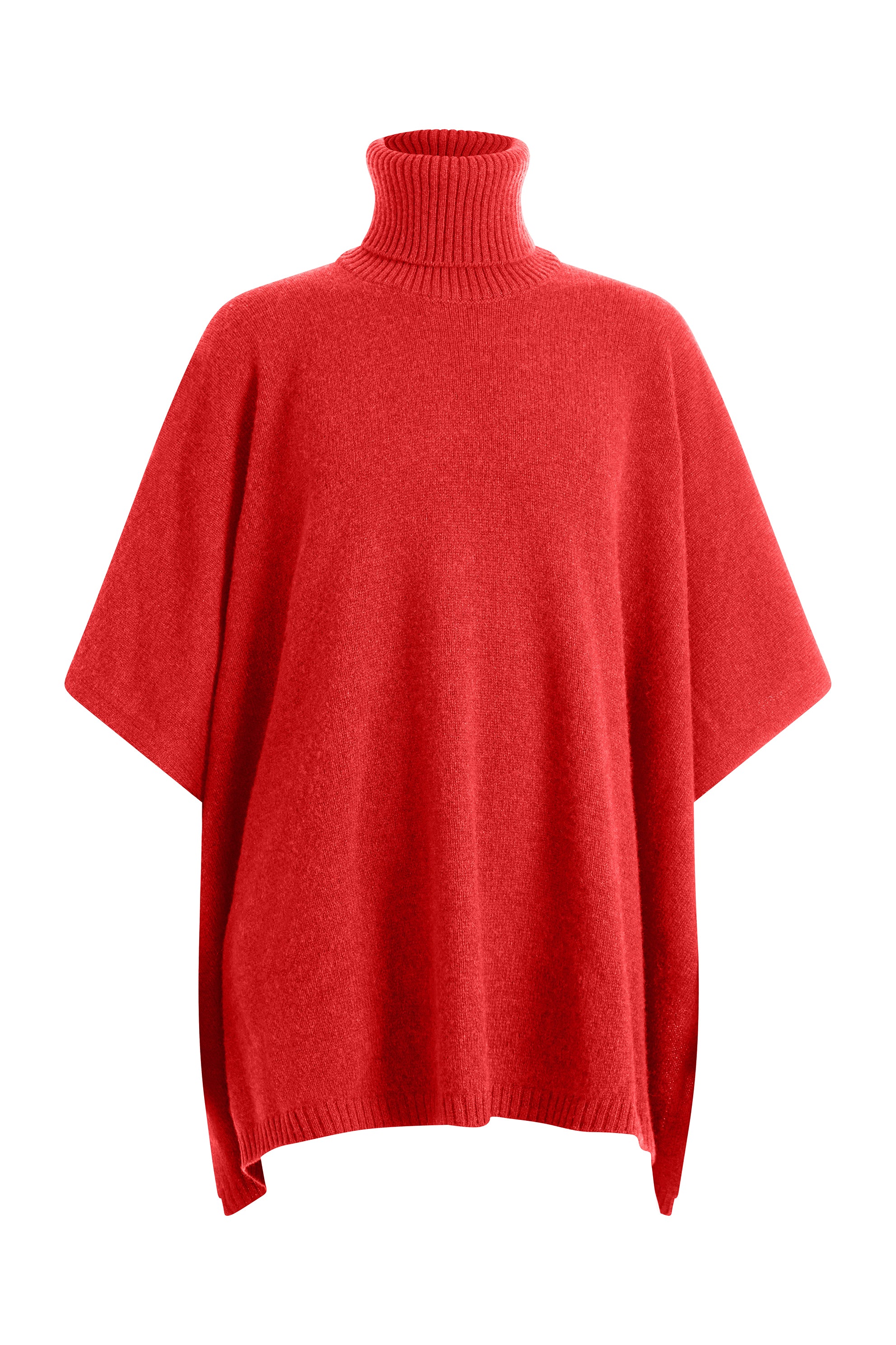 Cherry red cashmere poncho with turtle neck