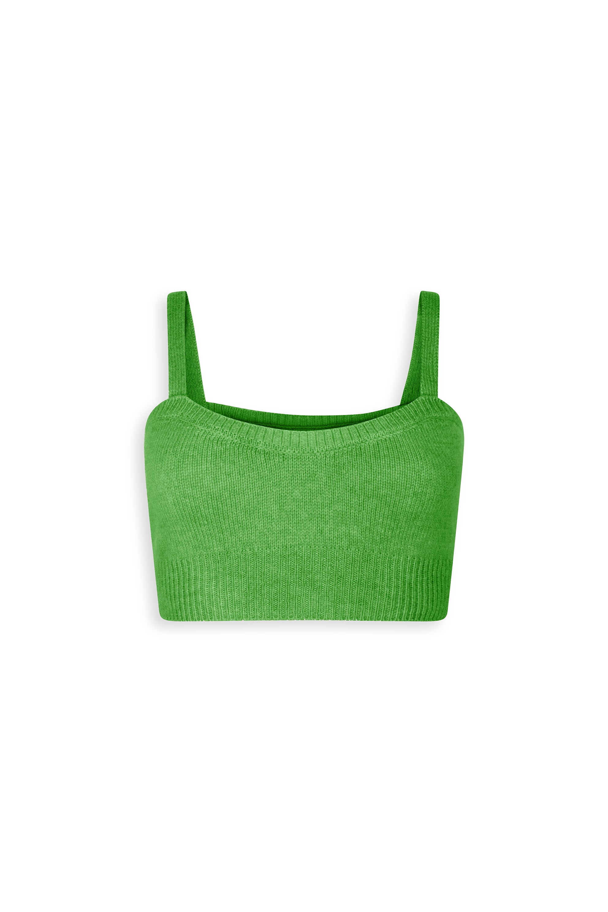 Bright green cashmere crop top with straps. 